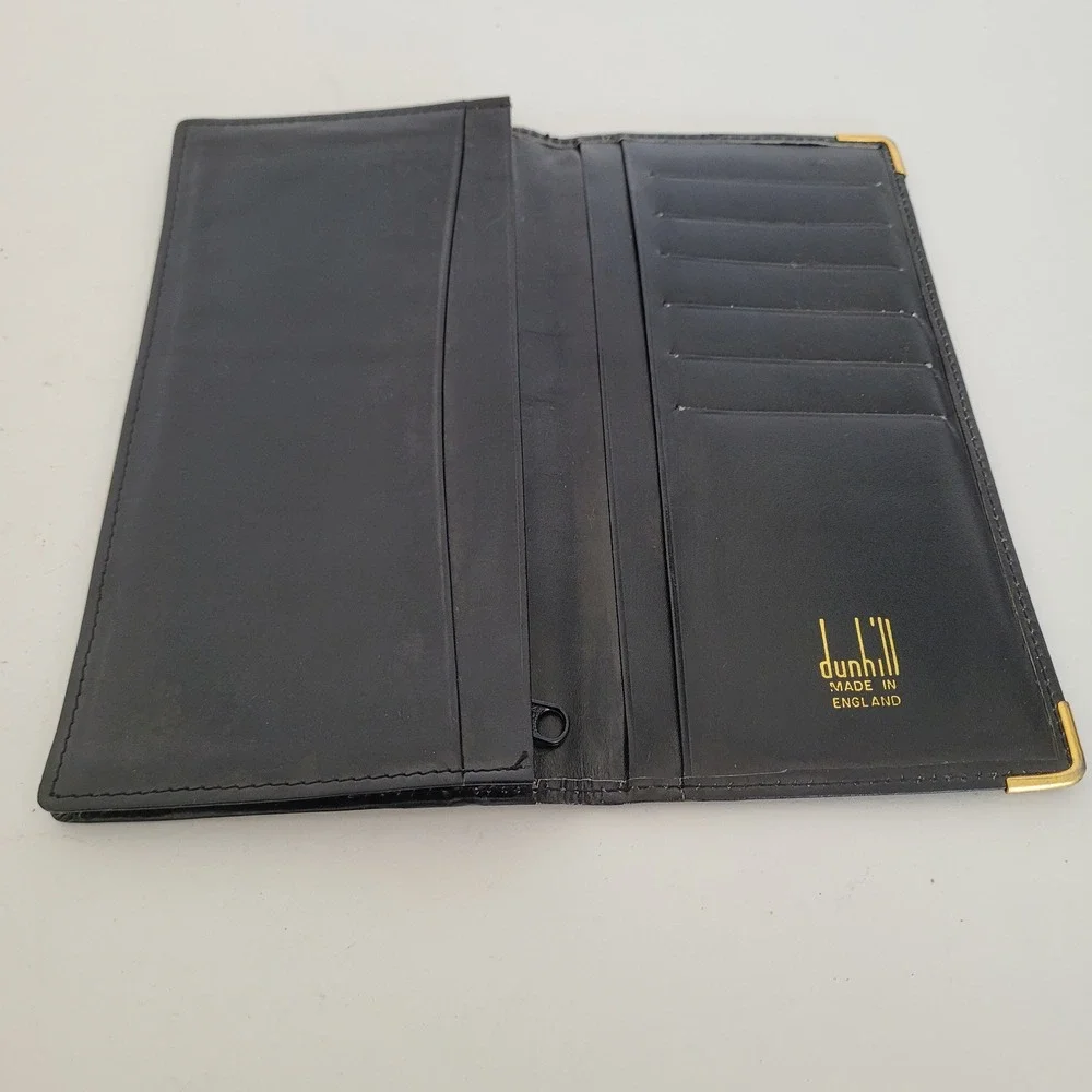 Dunhill London Mens Black Leather Long Bifold Wallet Gold Hardware Made England